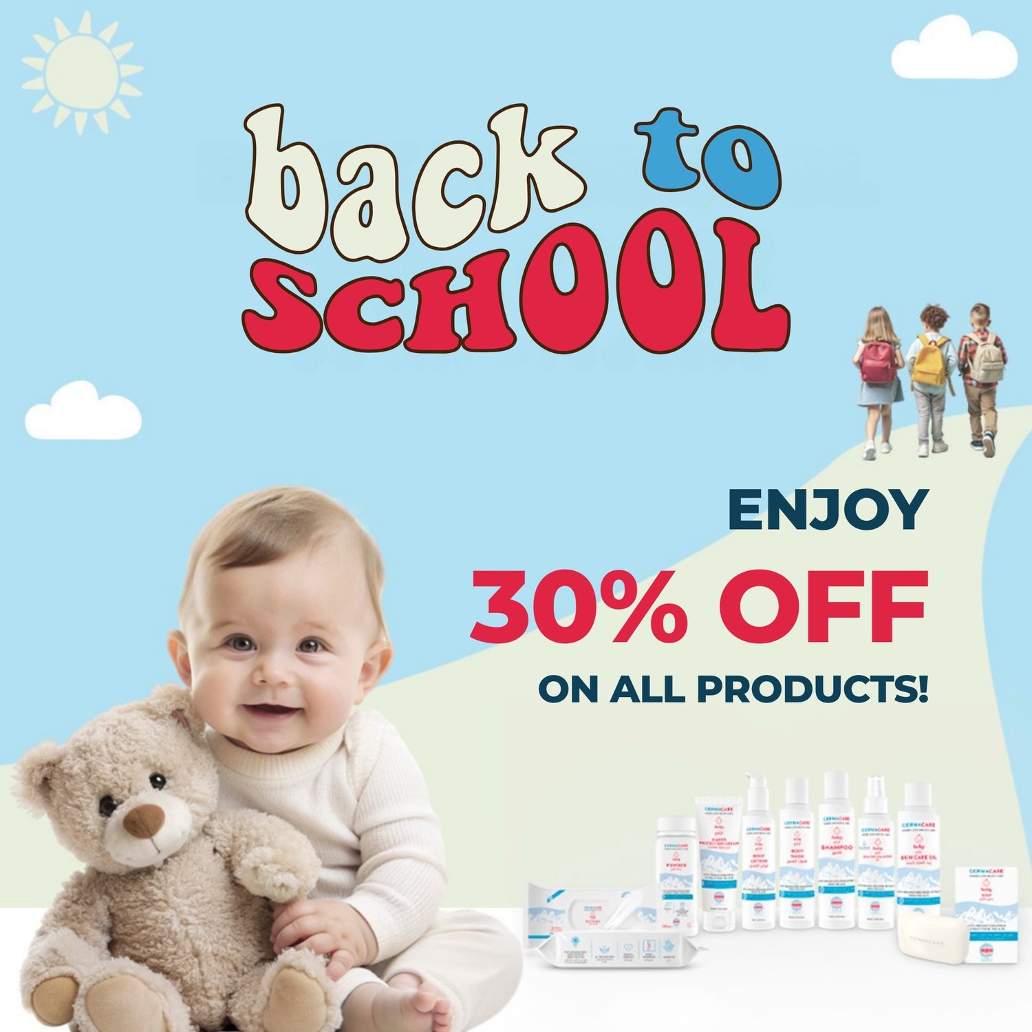 Promotional image for back-to-school sale with a baby holding a teddy bear and school supplies.